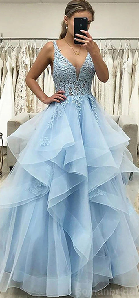 Elegant Straps V-neck A-line Tulle Sky Blue Evening Prom Dress Online, OL091