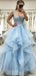 Elegant Straps V-neck A-line Tulle Sky Blue Evening Prom Dress Online, OL091