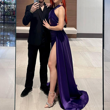 Elegant Halter Mermaid Side Slit Satin Long Regency Bridesmaid Dresses Online, BG732