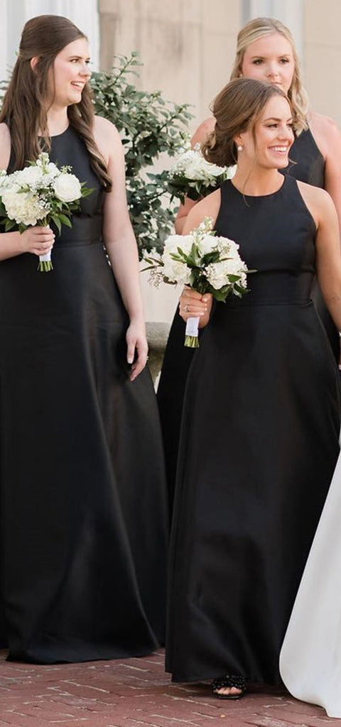 Elegant Halter A-line Sleeveless Satin Black Bridesmaid Dresses Online, BG787