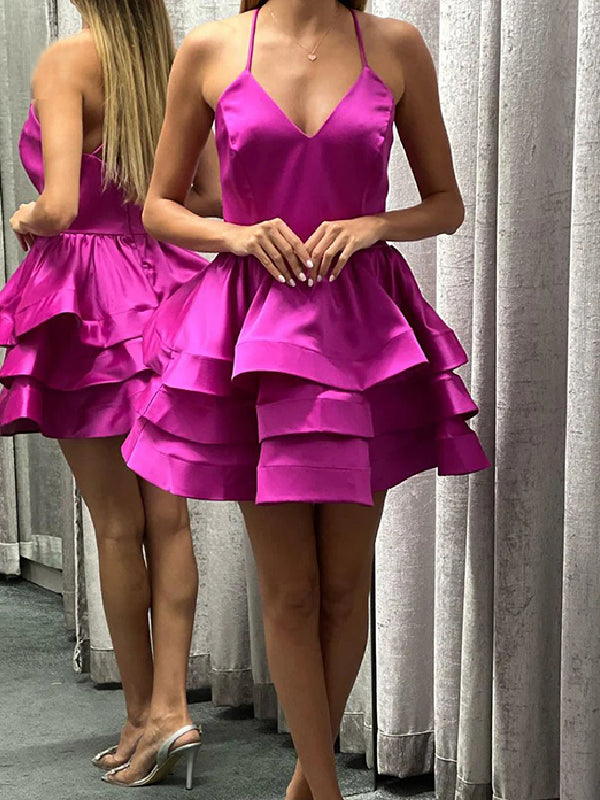 Elegant Spaghetti Straps V-neck A-line Satin Short Homecoming Dresses Online, HD0726