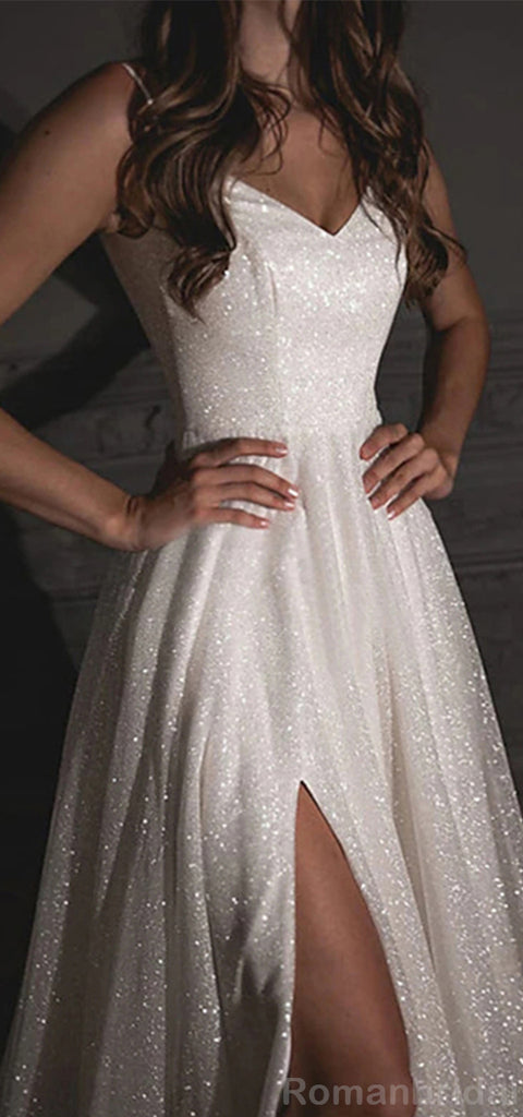 Sparkly Spaghetti Straps A-line Ivory Long Evening Prom Dress with Side Slit, OL064