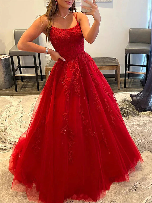 Elegant Spaghetti Straps A-line Tulle Red Long Prom Dress Online, OL251