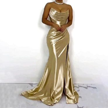Elegant Sleeveless Mermaid Side Slit Gold Satin Bridesmaid Dresses Online, BG501