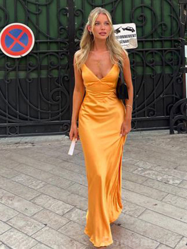 Elegant Spaghetti Straps V-neck Mermaid Tangerine Evening Prom Dress Online, OL092