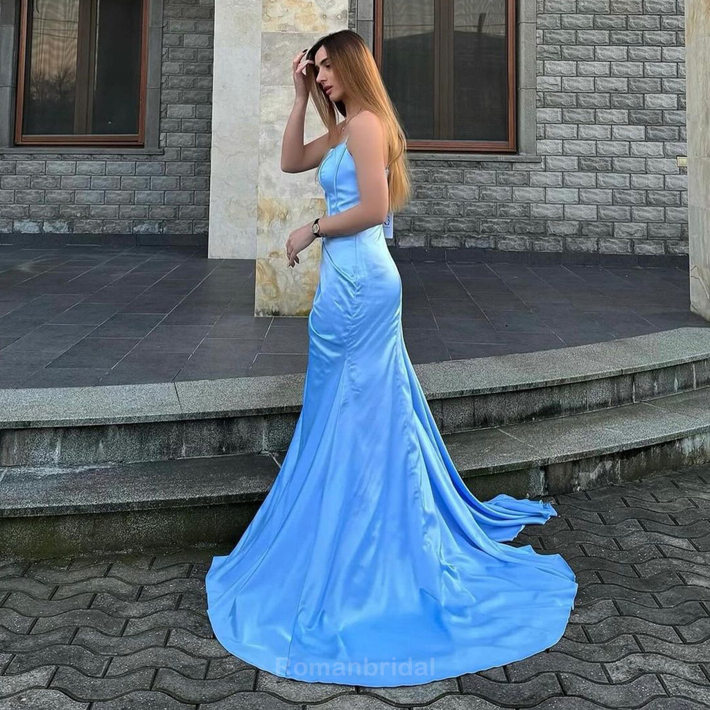 Elegant Spaghetti Straps Mermaid Sleeveless Side Slit Blue Satin Bridesmaid Dresses Online, BG462