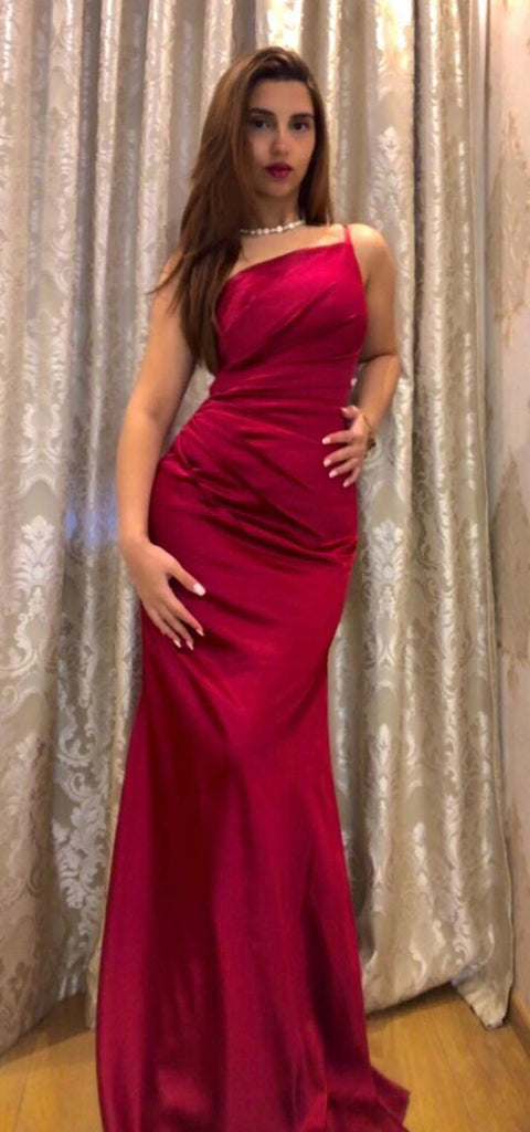 Elegant One Shoulder Mermaid Satin Burgundy Long Bridesmaid Dresses Online, BG813