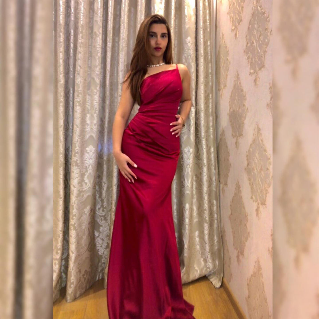 Elegant One Shoulder Mermaid Satin Burgundy Long Bridesmaid Dresses Online, BG813