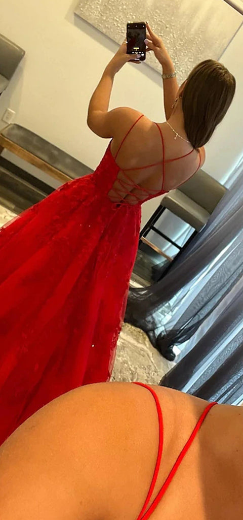 Elegant Spaghetti Straps A-line Tulle Red Long Prom Dress Online, OL251