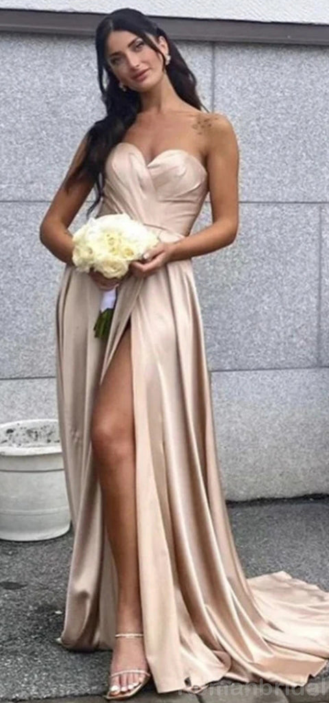 Simple Sweetheart A-line Side Slit Taupe Long Satin Bridesmaid Dresses, BG510