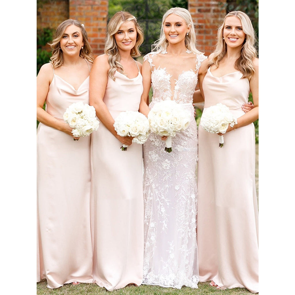 Simple Spaghetti Straps Column Peach Satin Bridesmaid Dresses Online, BG785