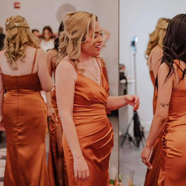 Mismatched Spaghetti Straps Side Slit V-neck Mermaid Satin Burnt Orange Long Bridesmaid Dresses Online, BG747
