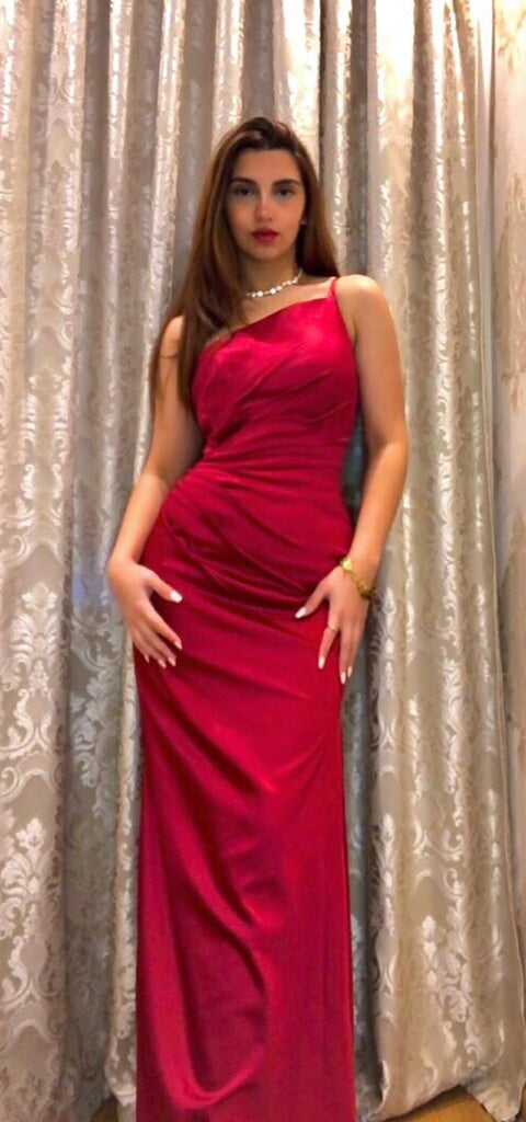 Elegant One Shoulder Mermaid Satin Burgundy Long Bridesmaid Dresses Online, BG813