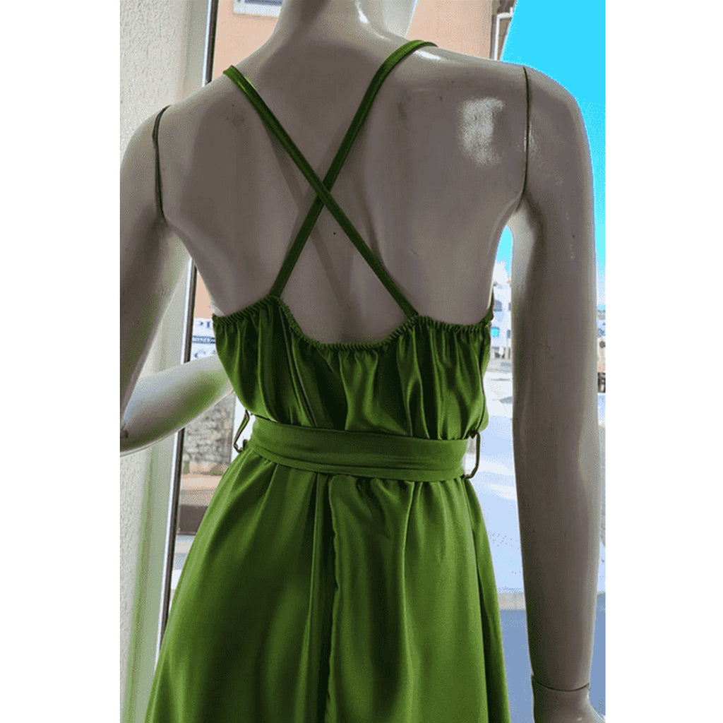 Elegant Spaghetti Straps V-neck Green A-line Satin Long Bridesmaid Dresses Online, BG801