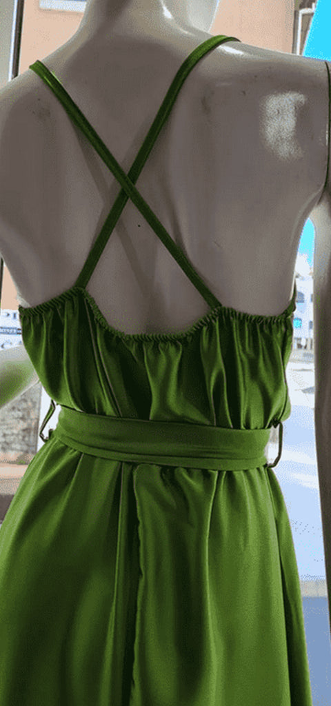 Elegant Spaghetti Straps V-neck Green A-line Satin Long Bridesmaid Dresses Online, BG801