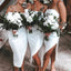 Simple Spaghetti Straps Mermaid Side Slit Tea Length White Satin Bridesmaid Dresses, BG511