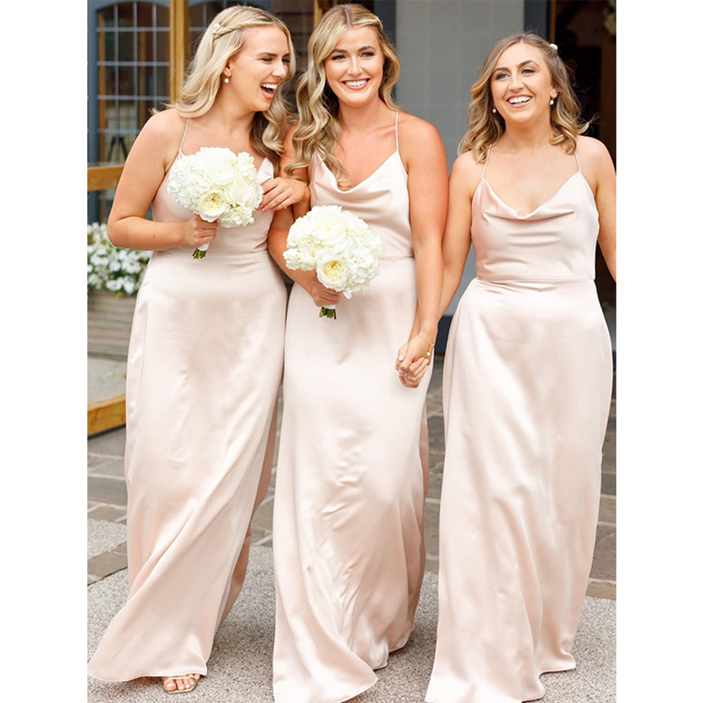 Simple Spaghetti Straps Column Peach Satin Bridesmaid Dresses Online, BG785