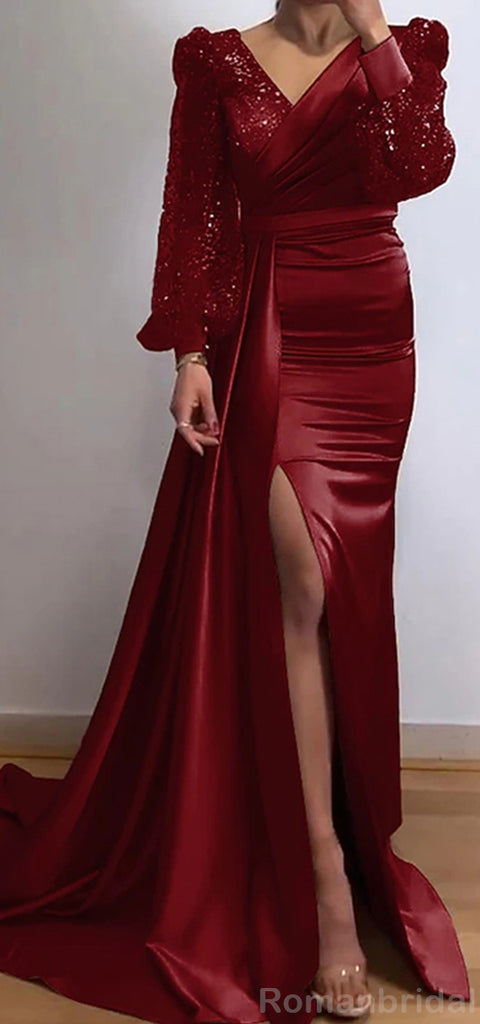 Elegant V-neck Long Sleeves Mermaid Burgundy Evening Prom Dress Online, OL088