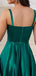 Elegant Spaghetti Straps A-line Satin Side Slit Emerald Long Prom Dress Online, OL267