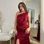 Elegant Satin Mermaid One Shoulder Burgundy Bridesmaid Dresses with Side Slit, BG412