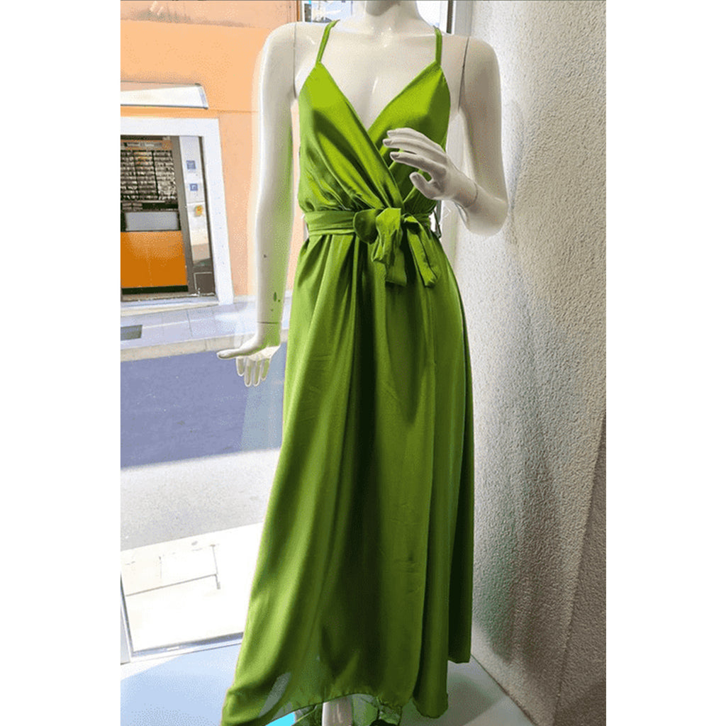 Elegant Spaghetti Straps V-neck Green A-line Satin Long Bridesmaid Dresses Online, BG801