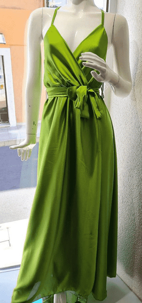 Elegant Spaghetti Straps V-neck Green A-line Satin Long Bridesmaid Dresses Online, BG801