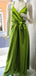 Elegant Spaghetti Straps V-neck Green A-line Satin Long Bridesmaid Dresses Online, BG801