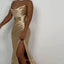 Elegant Sleeveless Mermaid Side Slit Gold Satin Bridesmaid Dresses Online, BG501