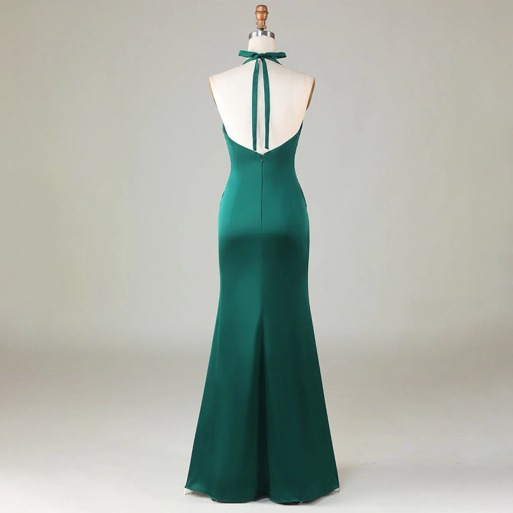 Sexy Halter Deep V-neck Mermaid Green Long Satin Bridesmaid Dresses, BG541