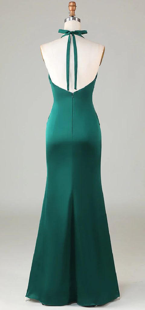 Sexy Halter Deep V-neck Mermaid Green Long Satin Bridesmaid Dresses, BG541