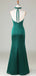 Sexy Halter Deep V-neck Mermaid Green Long Satin Bridesmaid Dresses, BG541