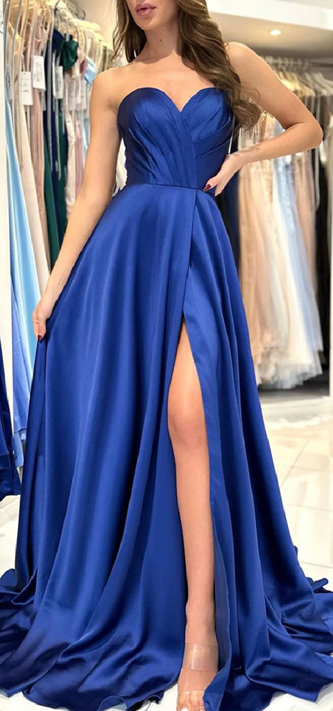 Elegant Satin Sweetheart Side Slit A-line Long Bridesmaid Dresses Online, BG623