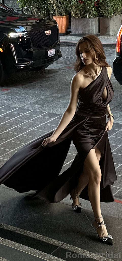 Elegant One Shoulder Mermaid Side Slit Black Satin Bridesmaid Dresses Online, BG477