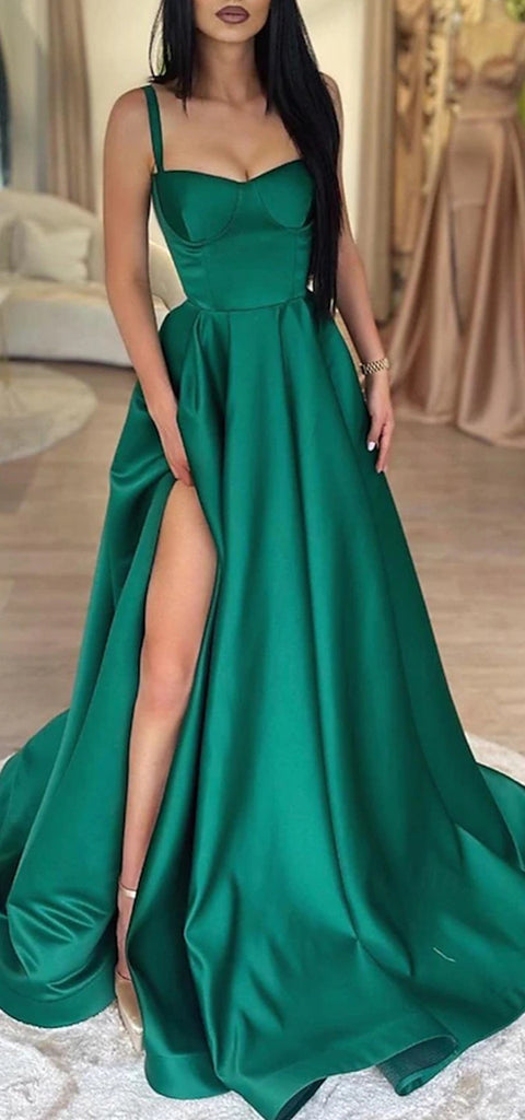 Elegant Spaghetti Straps A-line Satin Side Slit Emerald Long Prom Dress Online, OL267