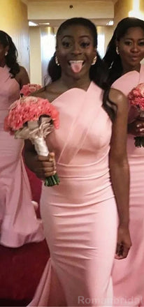 Elegant One Shoulder Mermaid Blush Satin Bridesmaid Dresses Online, BG458