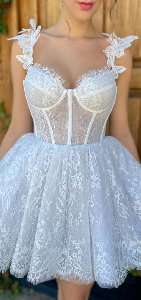 Elegant Spaghetti Straps A-line White Lace Short Homecoming Dresses Online, HD0647