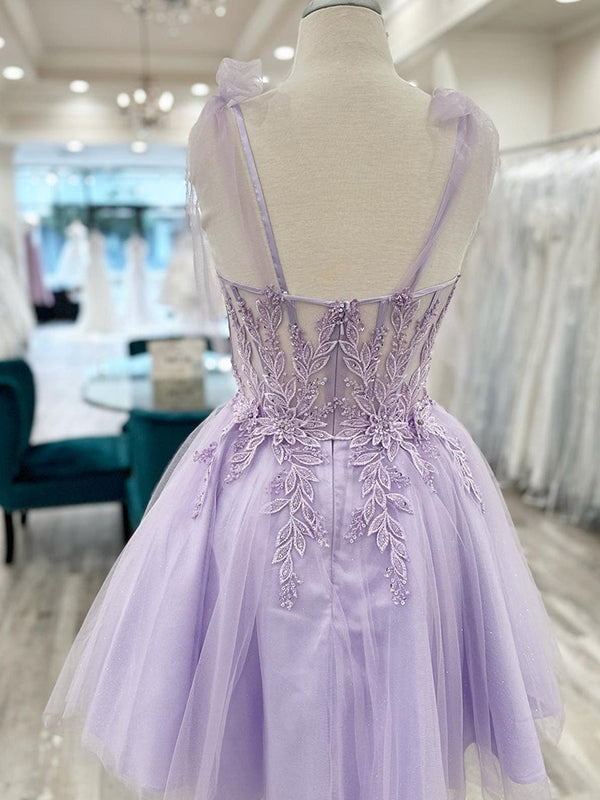 Elegant Spaghetti Straps A-line Tulle Lilac Short Homecoming Dresses Online, HD0760