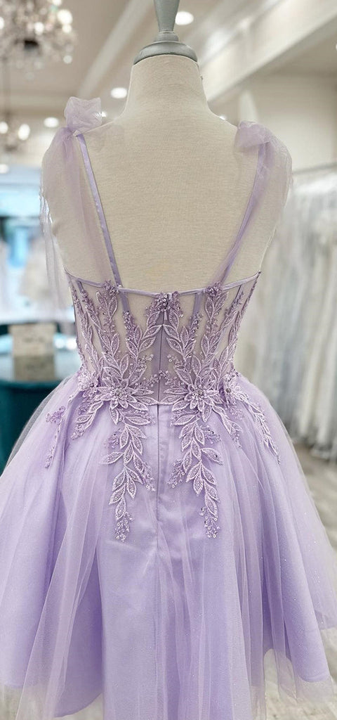 Elegant Spaghetti Straps A-line Tulle Lilac Short Homecoming Dresses Online, HD0760