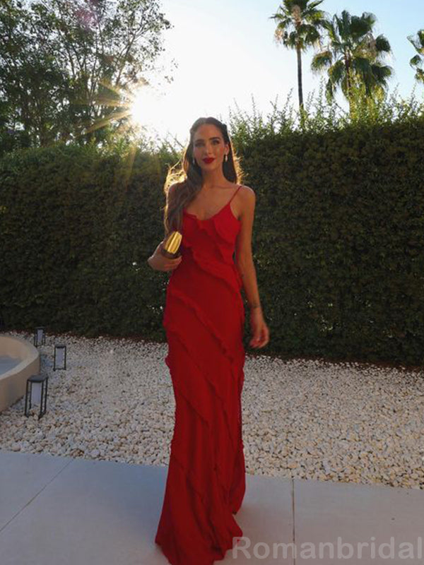 Elegant Spaghetti Straps Mermaid Red Long Evening Prom Dress Online, OL093