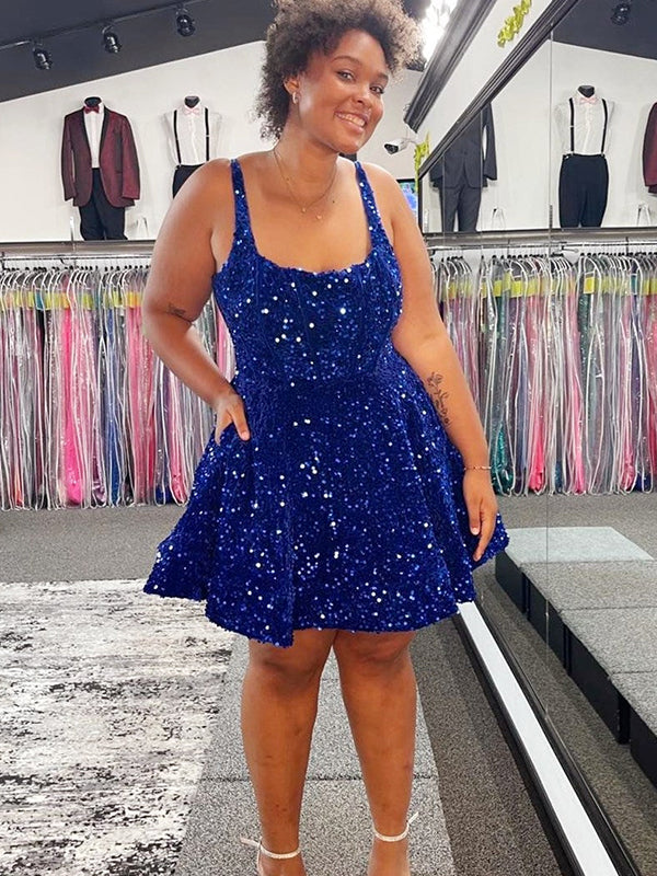 Sparkly A-line Spaghetti Straps Royal Blue Short Homecoming Dresses Online, HD0767