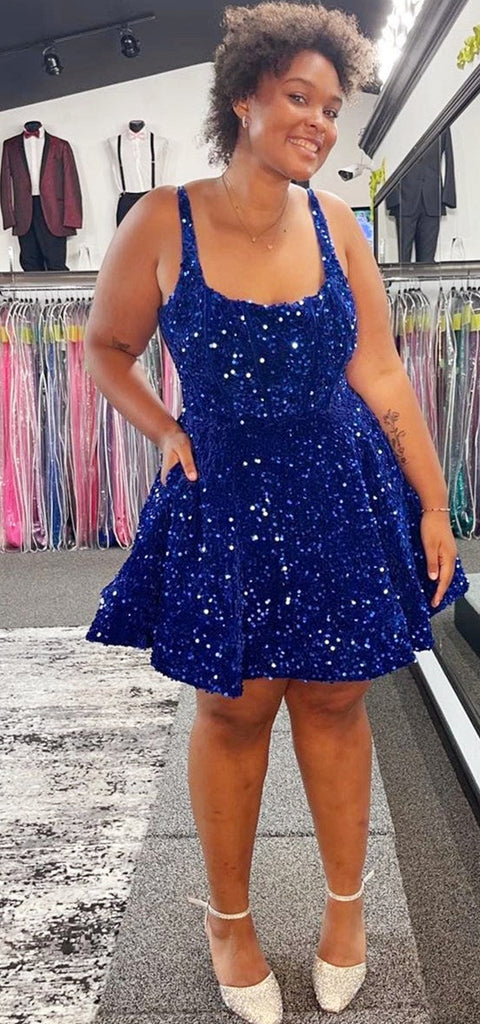 Sparkly A-line Spaghetti Straps Royal Blue Short Homecoming Dresses Online, HD0767