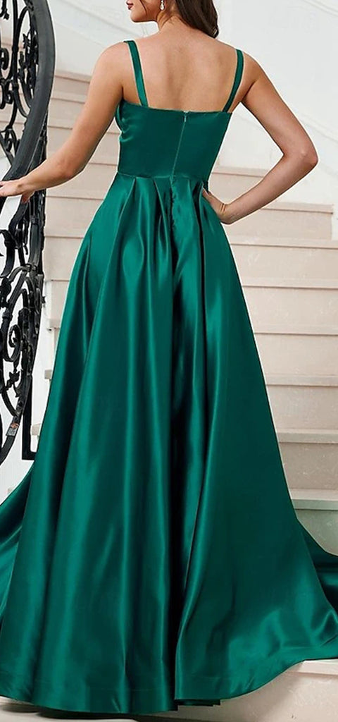 Elegant Spaghetti Straps A-line Satin Side Slit Emerald Long Prom Dress Online, OL267