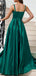 Elegant Spaghetti Straps A-line Satin Side Slit Emerald Long Prom Dress Online, OL267