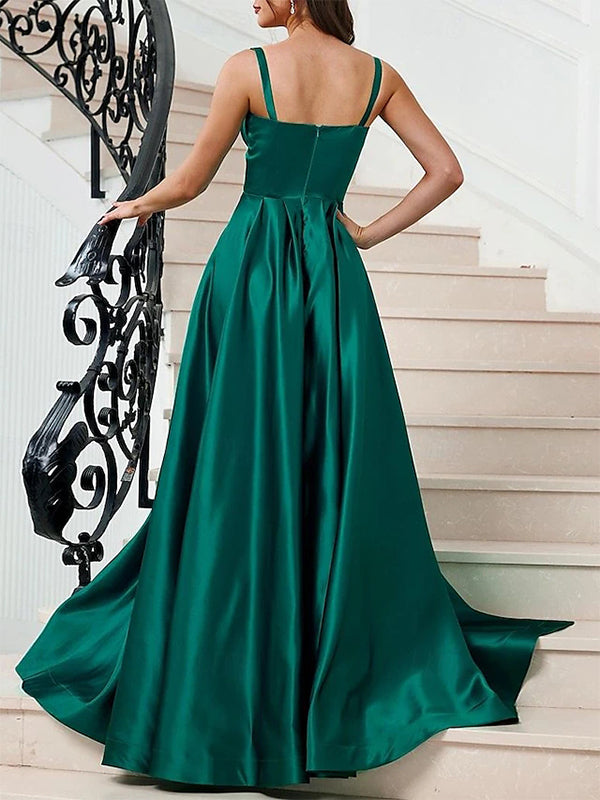 Elegant Spaghetti Straps A-line Satin Side Slit Emerald Long Prom Dress Online, OL267