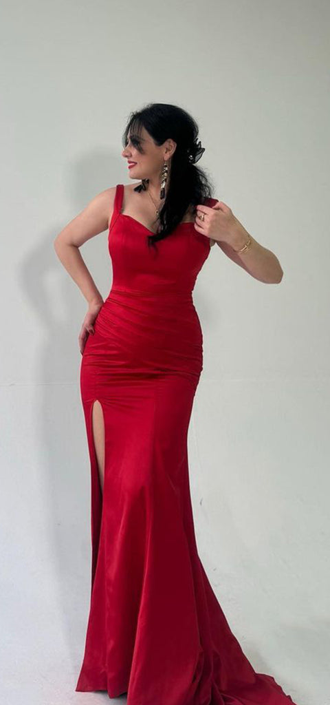 Elegant Straps Mermaid Side Slit Satin Red Long Bridesmaid Dresses Online, BG809