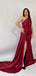 Elegant Satin Mermaid One Shoulder Burgundy Bridesmaid Dresses with Side Slit, BG412