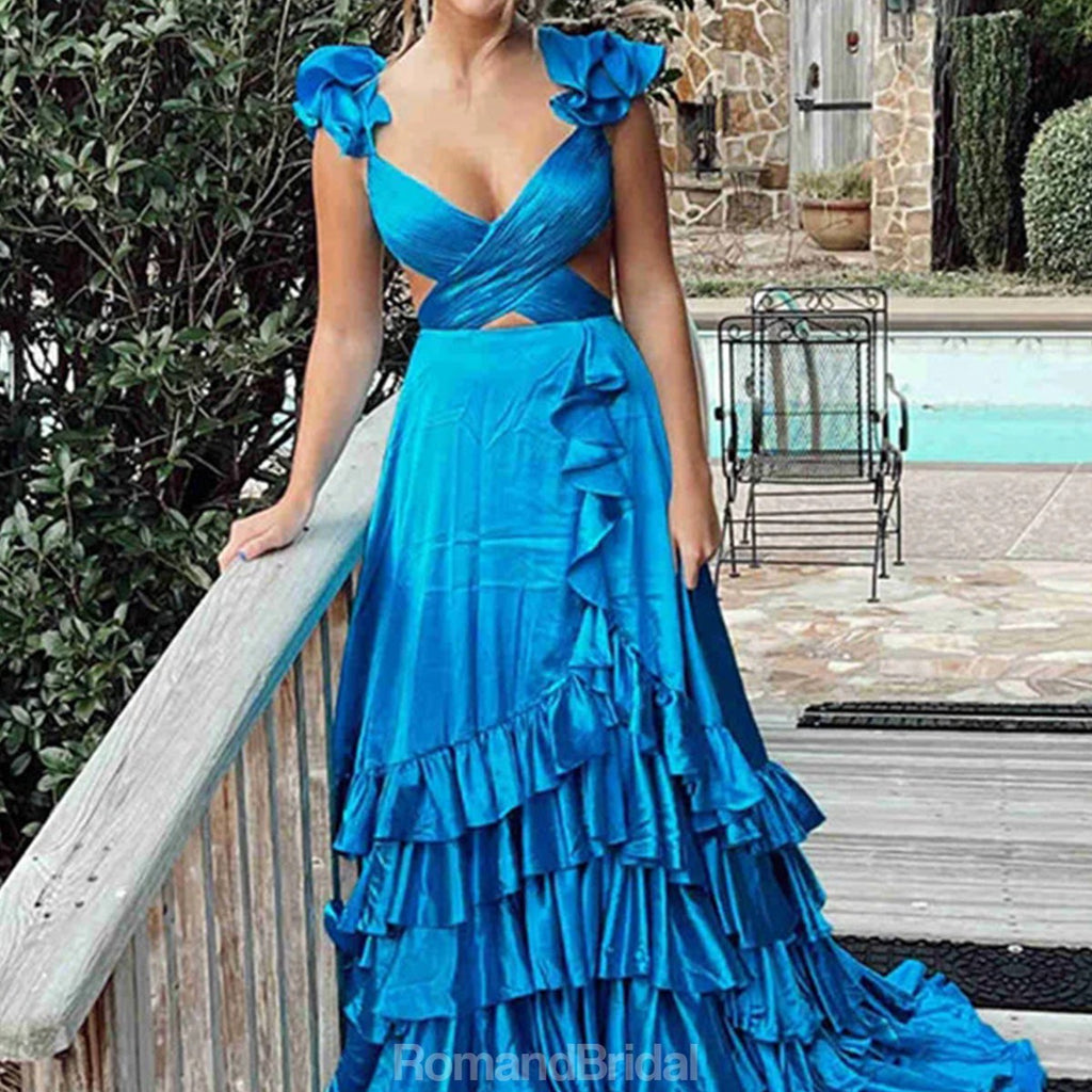 Elegant Spaghetti Straps V-neck A-line Ocean Blue Satin Bridesmaid Dresses, BG523