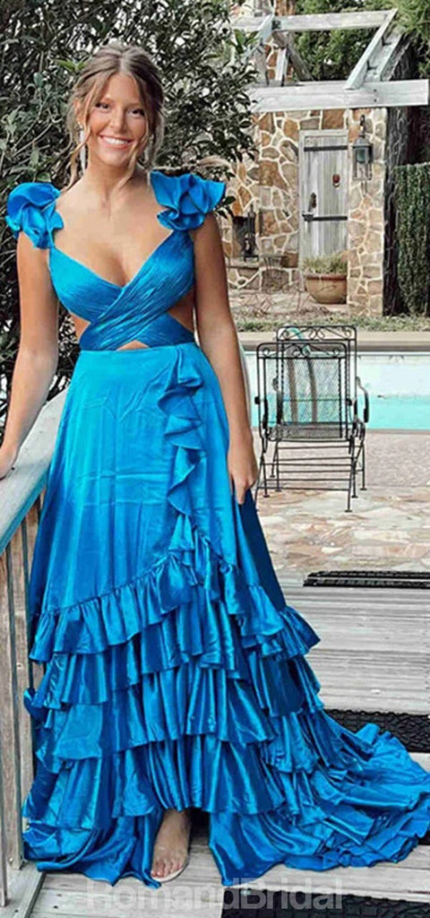 Elegant Spaghetti Straps V-neck A-line Ocean Blue Satin Bridesmaid Dresses, BG523