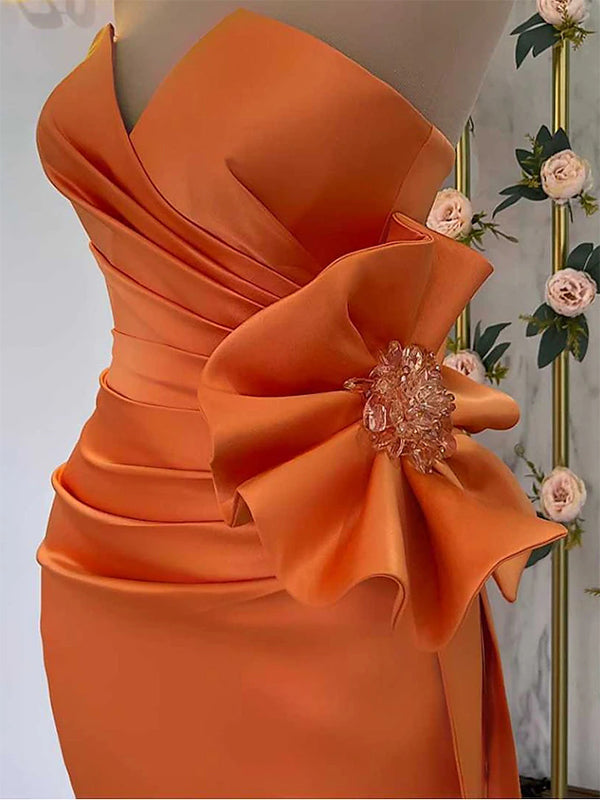 Elegant V-neck Mermaid Side Slit Satin Orange Long Prom Dress Online, OL249