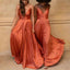 Simple Spaghetti Straps V-neck Side Slit Rust Bridesmaid Dresses Online, BG492
